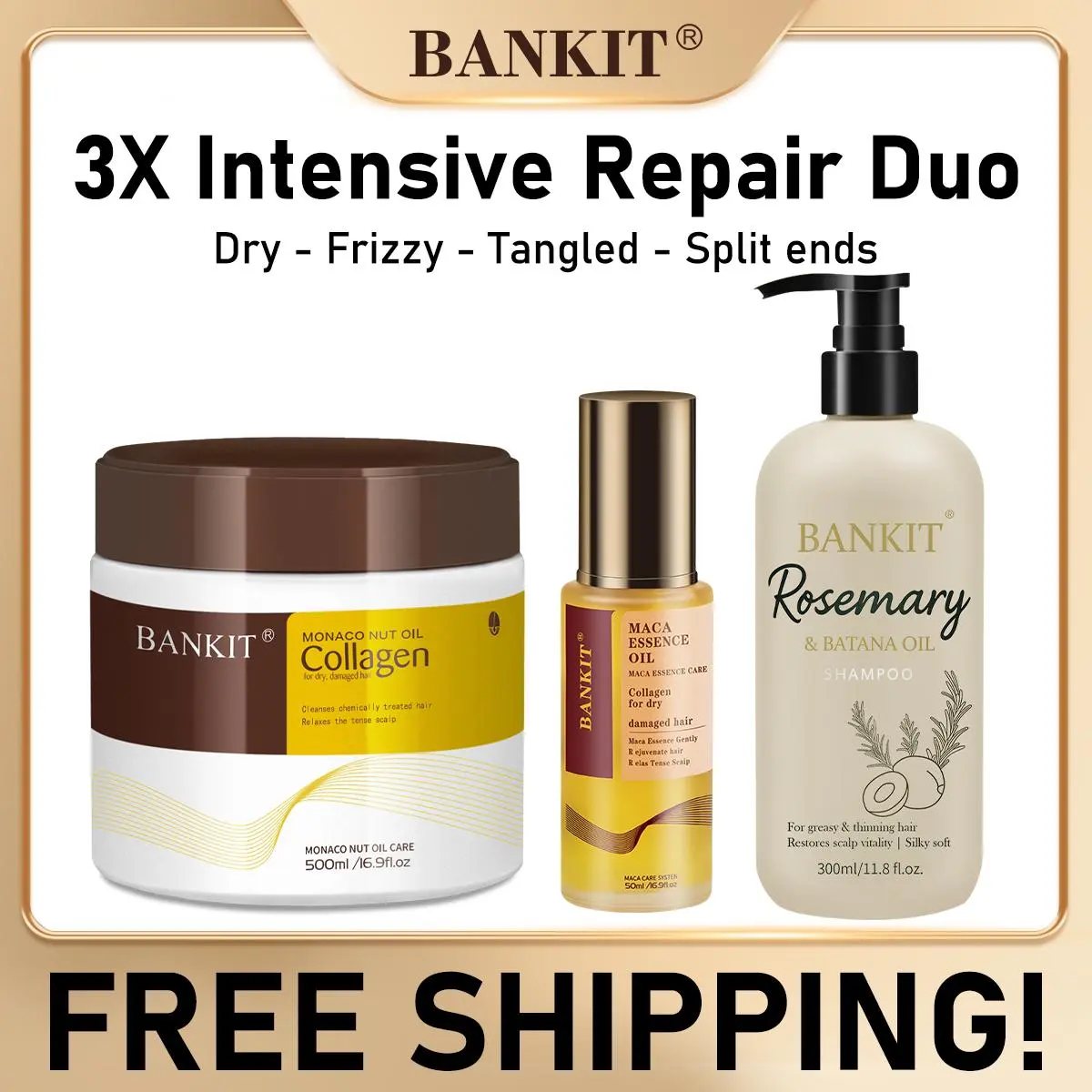 BANKIT 3-in-1 Anti-Hair Loss Set – Rosemary & Batana Oil Shampoo + Collagen Hair Mask + Essential Oil. Deep Repair & Fast Growth.Stops Hair Loss, Repairs Damage & Boosts Shine Naturally.