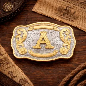 Vintage Style Western Cowboy Cowgirl Belt Buckle with Gold Plated Initial Letter Vintage Style Western Cowboy Cowgirl Belt Buckle with Gold Plated Initial Letter