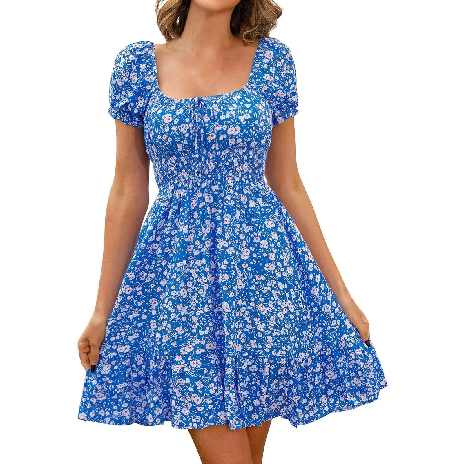 Women's Sweet Comfy Square Neck Floral Print Casual A-Line Dress - Short Sleeve, Smocked Waist, 1-Piece Going Out Cruise OOTD Brunch Outfit, Stretchy, Soft, Bag-Friendly