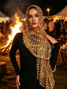 Women's Glittering Sequin Hollow Out Scarf, Ethnic Style Fashion Wrap, Perfect for Parties and School Events, Stylish Daily Wear Accessory