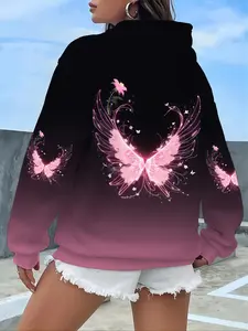 Sweet Cool Dreamy Style Gradient Butterfly Print Hoodie for Women, Fall & Winter Casual Fitted Top, Plain Pattern, Moderate Fabric