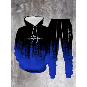 Men’s casual polyester hoodie and sweatpants set (1 set), black and blue color-block design with letter print, comfortable elastic fit, regular style, suitable for leisure and outdoor activities, spring/autumn collection