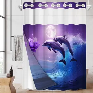 1pc hookless shower curtain with buckle lining, blue and purple dolphin wave and water lily design, 2D flat printing, fabric waterproof lining, shower curtain liner, see-through double-layer shower curtain, 71 x 74 inches, modern home draping curtain