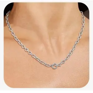 Sterling Silver Cuban Link O Shaped Toggle Clasp Choker Necklace