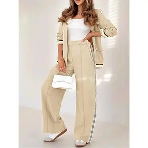 Women'sOfficeDailyWearBlazer&PantsSet,SolidColorBlazerwithStripedWide-LeggedPants,CasualElegantBusinessforWomen