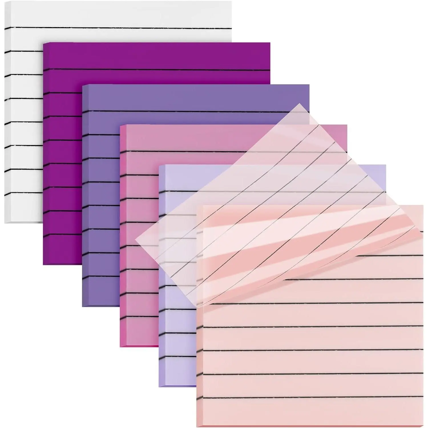 3x3 in Labeled Transparent Lined Sticky Notes, 300-Sheet Repositionable Self-Adhesive Memo Pad for Office Supplies, College Students (Purple)