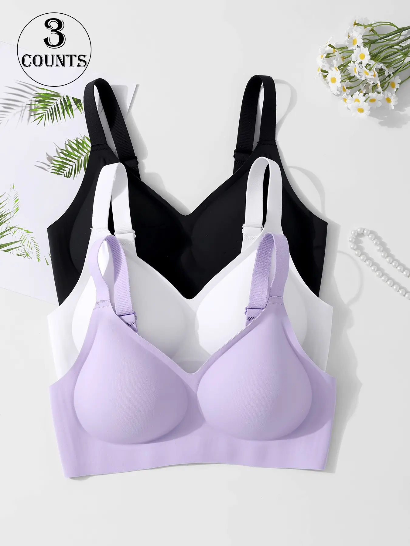 3 pieces / 6 colors, women's seamless Smooth jelly bra, four rows of three hooks, XS - XL sizes, push-up and adjustable sports vest, suitable for daily wear, parties, yoga, comfortable, breathable and skin-friendly, women's non-wire bra, Adjustable bras