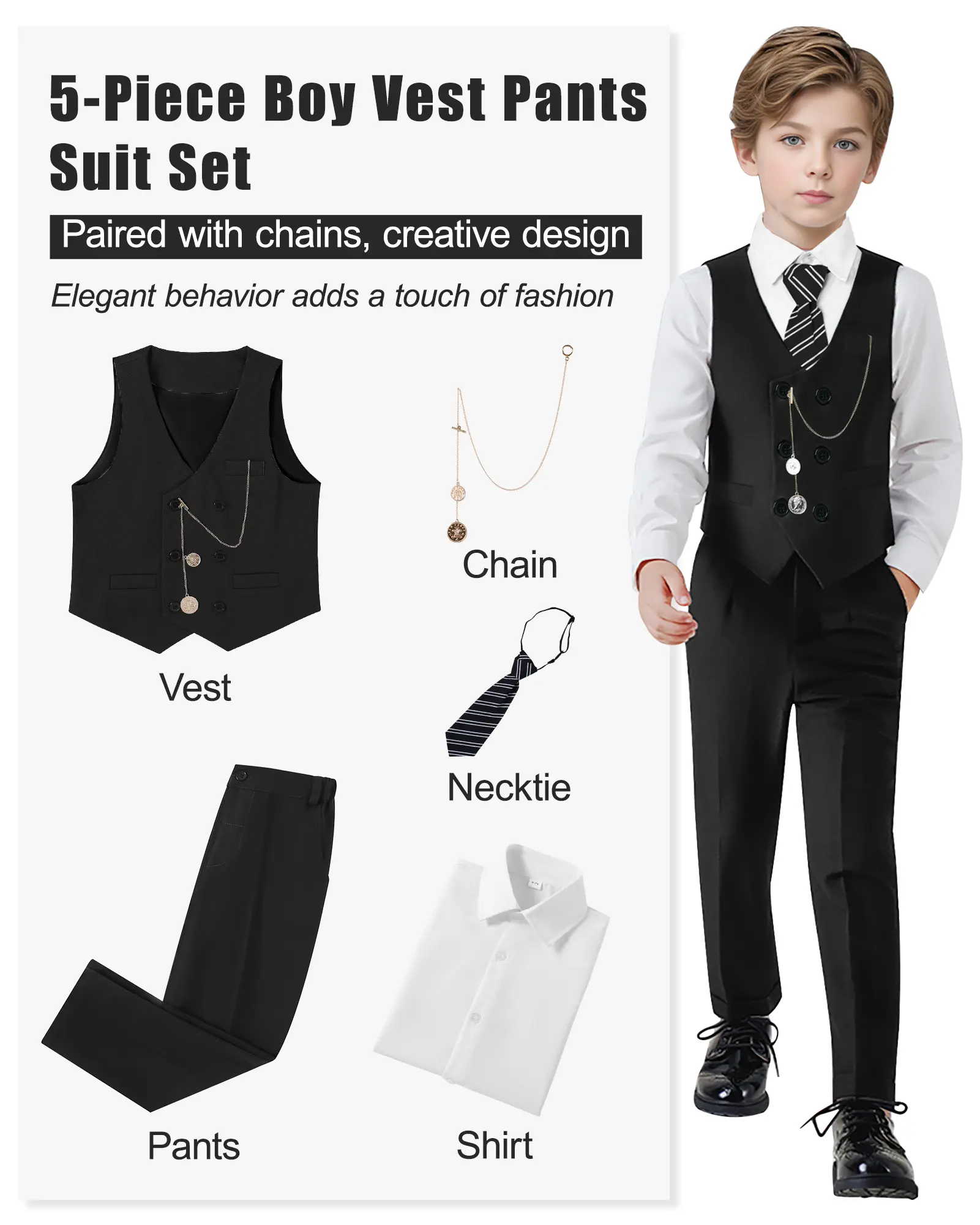 Boys' 5-Piece Fitted Classic Suit Set Kit, High-Quality Cotton Blend Polka Dot Vest Outfit with Long-Sleeve Shirt & Adjustable Strap, for Church, Valentine's Day, Christening, Classic Sets