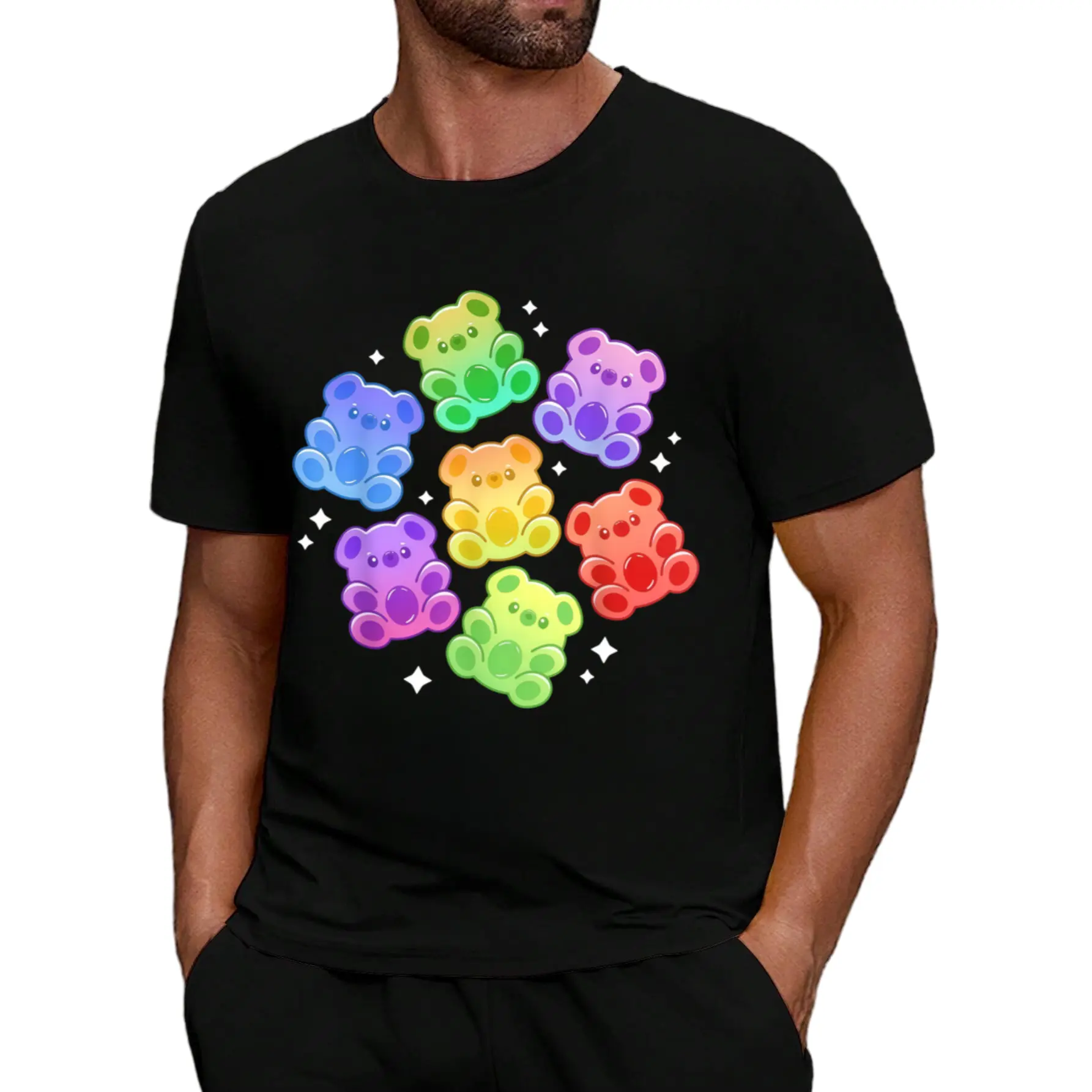 Kawaii Rainbow Gummy Bear T-Shirt for Men - Pure Cotton Cute Retro Graphic Tee with Gummy Bear Print, Unisex Casual Summer T-Shirt