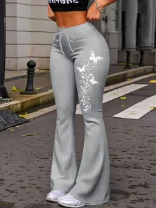 1 Piece, Casual Fashion Trousers Pants, White Printed Butterfly Vine Unique Casual Fit Women's Flared Cuffs Drawstring Yoga Joggers, Streetwear Suitable for Womenswear Adjustable, Bottom