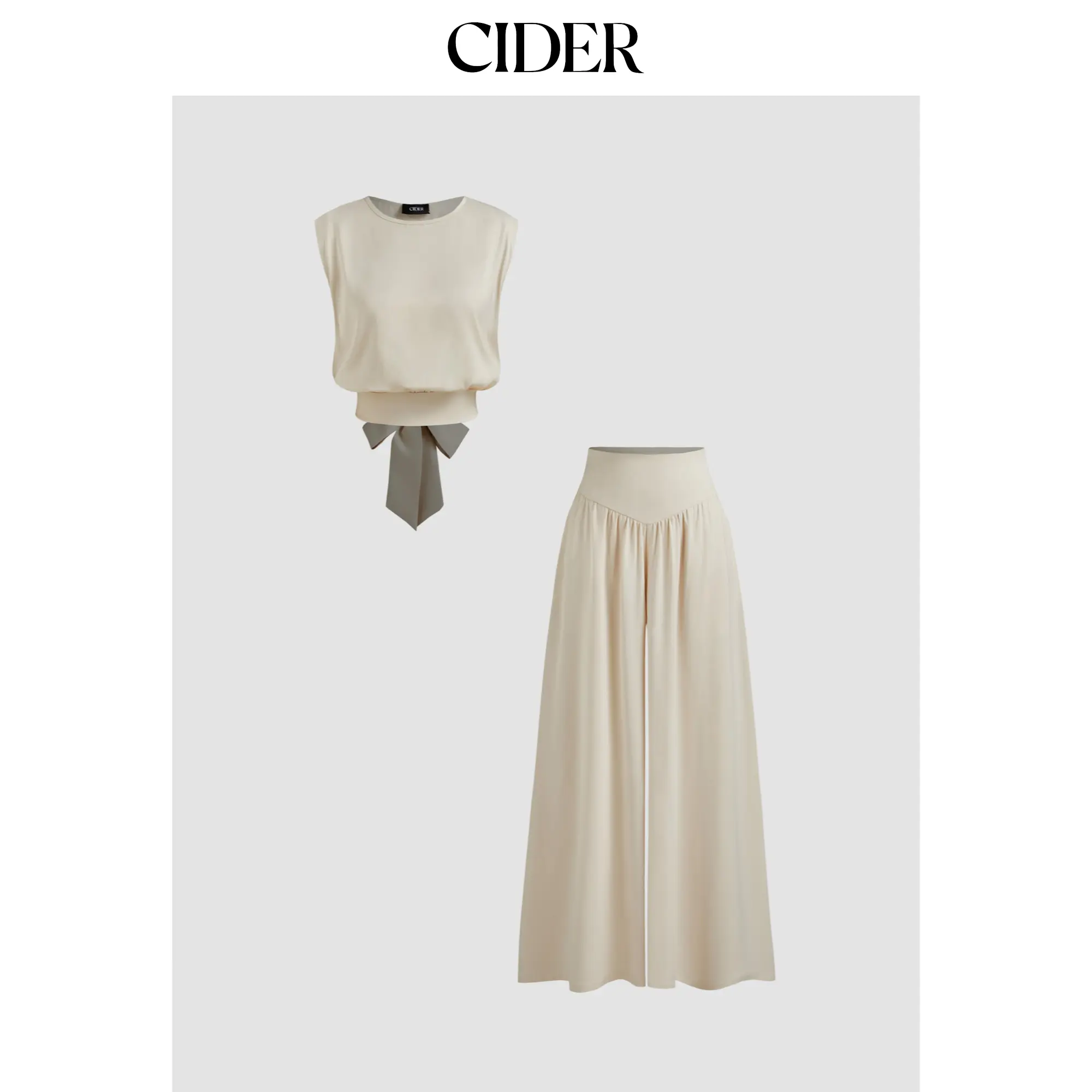 Cider Women's Solid Satin 2-Piece Trousers Set, Casual Knotted Top and Mid Rise Wide Leg Pants with Pockets, Clothes, Satin Top, Loose-Fitting