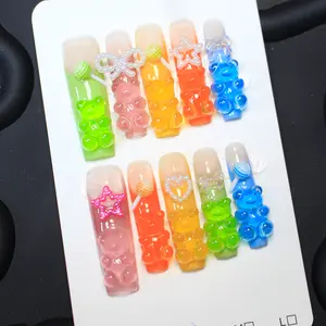 10pcs Super Long Ballet Press-On Nails Set - Mixed Color Glossy Finish with 3D Animal & Star Patterns, Rhinestone Embellishments, Pearl Accents for Party, Festival, and Daily Wear