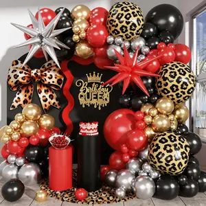 Red Black Gold Balloon Arch Garland Kit Leopard Cheetah Print Party Balloons Black Red Metallic Silver Gold Explosion Star Balloon for Girl Night Bachelorette New Year Casino Birthday Party Decoration