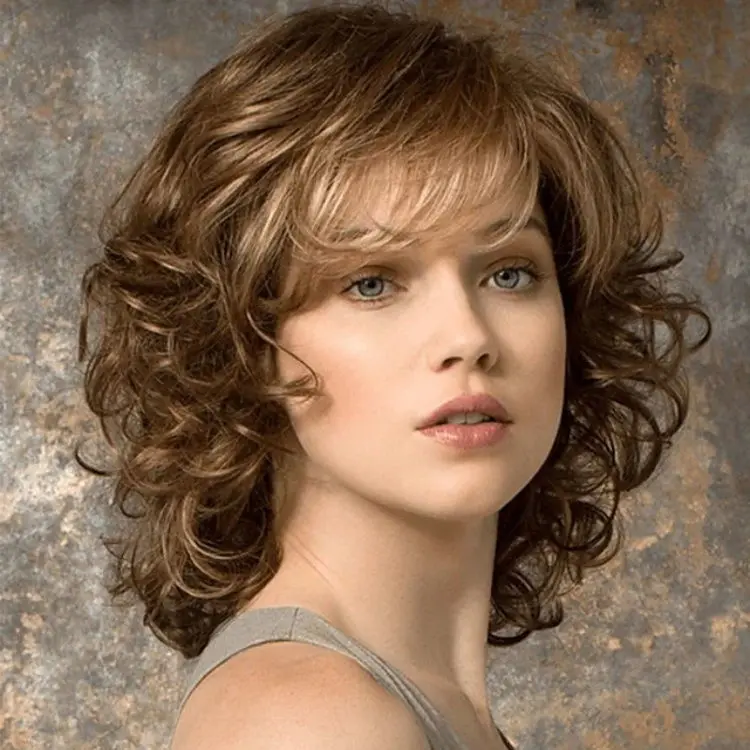 Women's Synthetic Full Machine Wig - Short Curly Hair with Side Bangs, Natural Full Head Coverage, Synthetic Curly Wigs for Ladies
