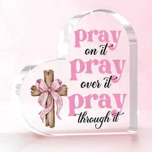 Inspirational Pink Room Decor, Pink Bow Dorm Room Decor for Women, Pray Over It Bible Verse Wall Art Christian Gifts for Women, Acrylic Heart Decoration Sign for Home Office Desk Bedroom, Heart Plaque, Home Decor Products