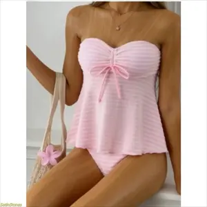 Strapless Pink Striped Tankini Set Women  Textured Ruffled Bandeau Swimsuit | Ruched Flowy Bathing Suit for Summer Beach Vacation Pool Party