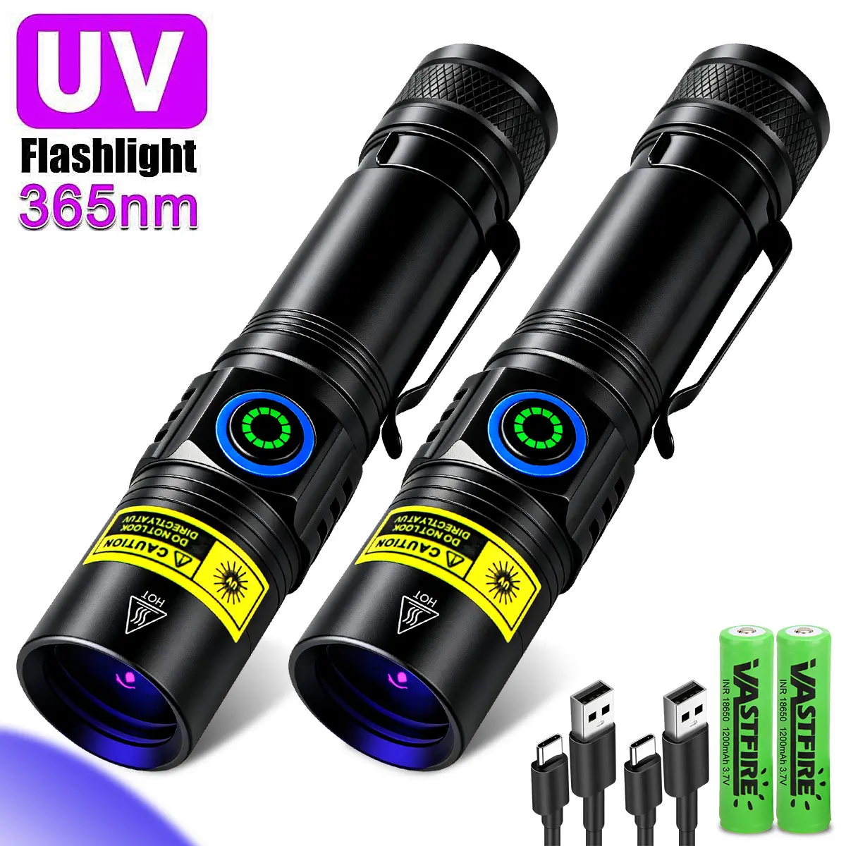 365nm 5W Portable UV Black LED Flashlight, Type-C USB Rechargeable Powerful Flashlight, Aluminum Alloy Shell with Power Indicator & Metal Clip, for Pet Urine Detection & Gem Check, Rechargeable Powerful Flashlights, Usb Rechargeable Flashlight
