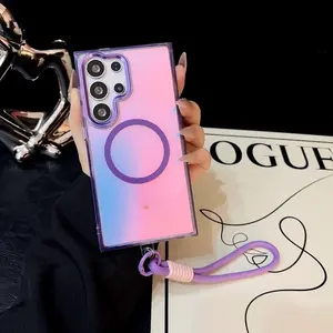 Magnetic Gradient Color Protective Phone Case For Samsung S23 S24 S25 FE Plus S24 Ultra S25 Edge A17 A15 A54 A55 A16 A26 A36 A56 A06 5G with Lanyard Protection Cover