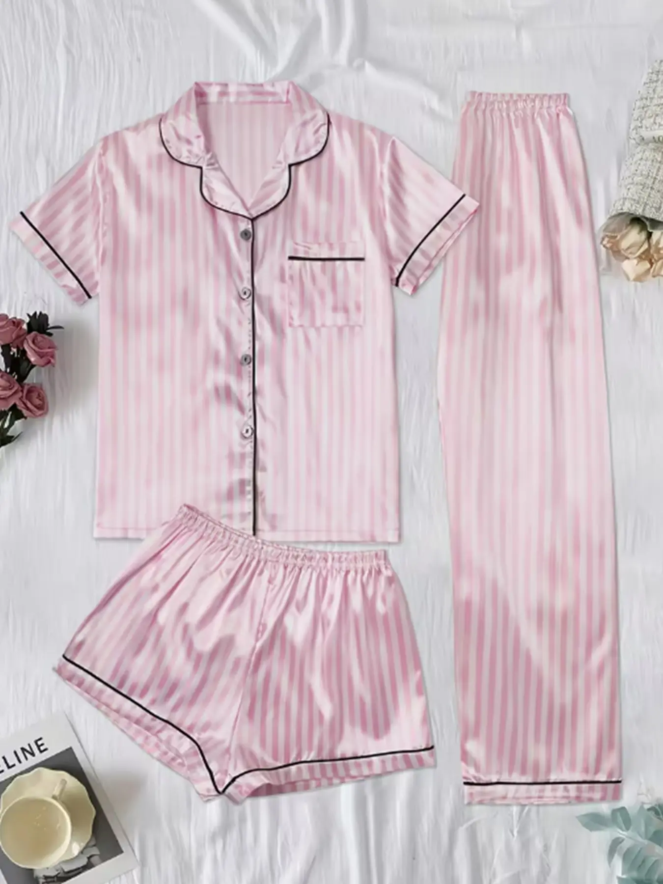 Three-Piece Striped Satin Printed Pajamas Set for Women, Casual Loose-Fit Sleepwear, All-Season Home, Homewear, Comfortable Lounge Wear, Loungewear, Pajama Lounge Sets