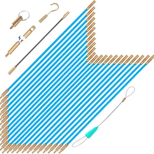 32.2FT Fiberglass Running Electrical Wire  Glow Rods Wire Pulling, Fish Rods Electrical Kit with 6 Different Attachments and Fish Tape Wire Puller Kit (32, Blue)
