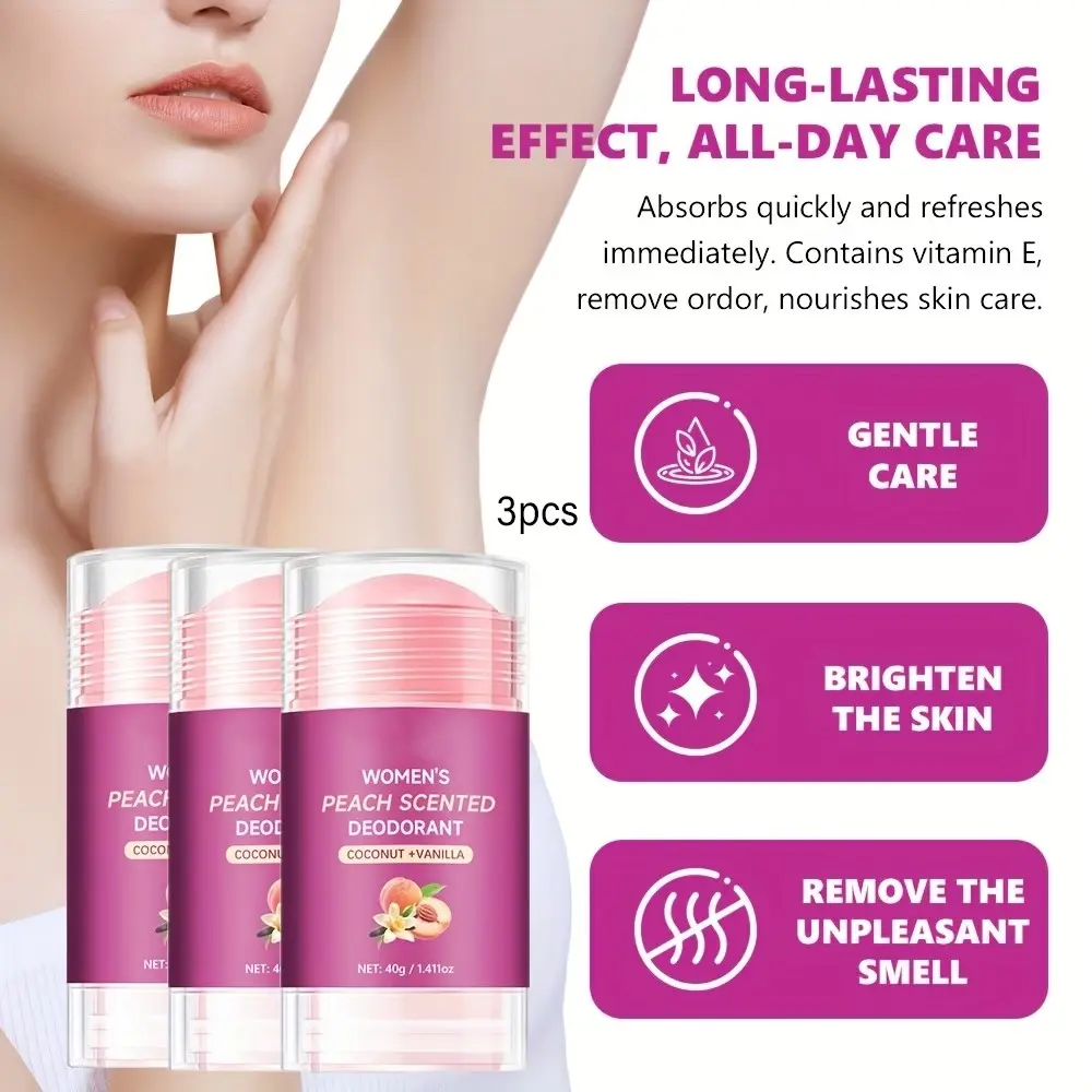 Women's Underarm Balm 3-Pack, Peach Scented Deodorant, Portable Fresh Fragrance, Quick Absorption, Non-Sticky, 40g, Daily Use, Travel Friendly, Body Care