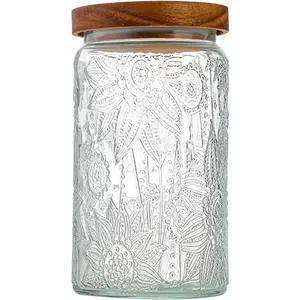 MIUVA 24/34 OZ Vintage Glass Storage Jar with Airtight Bamboo Wooden Lid Food Grade BPA Free Transparent Container for Kitchen Counter Pantry Sugar Flour Candy Tea Coffee Beans Oats Grain Bin Pasta Cereal Thanksgiving Christmas Gift