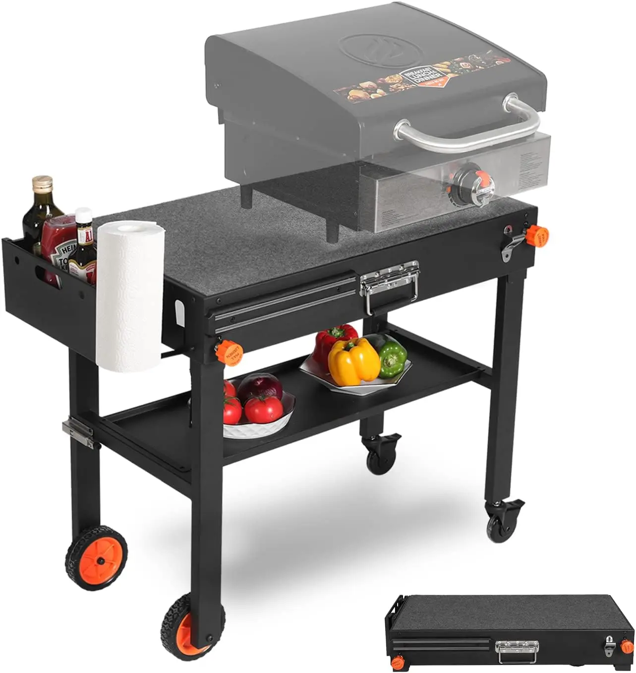 Portable Outdoor Grill Table, Folding Grill Cart with Wheels, Blackstone Griddle Stand for 17"/22" Griddle, Large Space Blackstone Table Solid and Sturdy, Grill Stand for Blackstones, Ninja, Weber