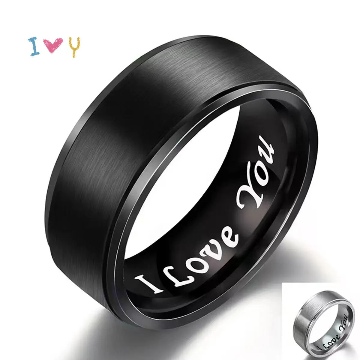 Elegant Lovers Titanium Steel I Love You Engraved Ring Romantic Black Band Creative Lettering Wedding Anniversary Valentine's Day Gift 8MM