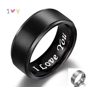 Elegant Lovers Titanium Steel I Love You Engraved Ring Romantic Black Band Creative Lettering Wedding Anniversary Valentine's Day Gift 8MM