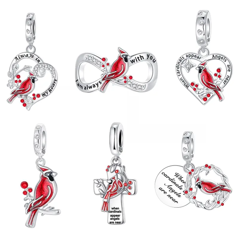 925 Silver-plated "Always with You"Red Cardinal Bird Charm, DIY Infinity Memorial Bead Fits for Bracelet Necklace, Gift for Her