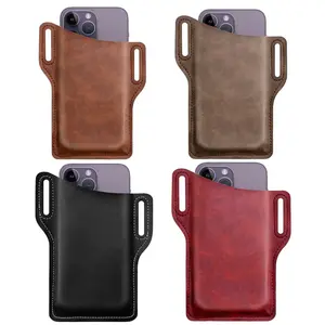 Men's Cell Phone Belt Pack Bag Leather Wallet with Solid Dual Pocket Cover Pocketbag Secure Phone Holder & Versatile Waist Holster Side Pouch Zipper Belt Bag