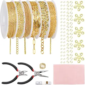 Necklace Chain for  Making, 46ft 6 Style Rolled Steel DIY  Chain Roll Bracelet Bulk Link Plated Permanent for Earring Anklet Craft with Jump Ring, Lobster Clasp, Pliers