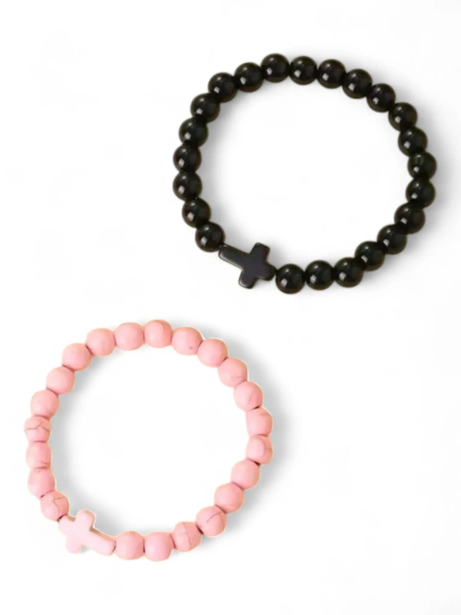 Women's Bracelet, Crackled Faux Stone Beaded Stretch Band with Cross Accent, Easy-Wear Costume Jewelry in Pink or Black