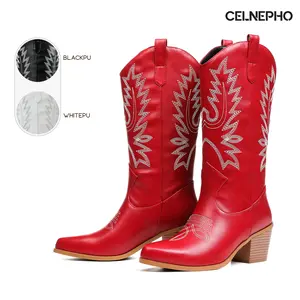 CELNEPHO Womens Cowboy Boots Pointed Toe Chunky Block Heel Embroidered Design Retro Classic Western Mid Calf Cowgirl Boot Easy Pull on Tabs Country Wedding Party Festival Casual Wear Horse Riding Spring Summer Dressy Shoes Deals For You Days