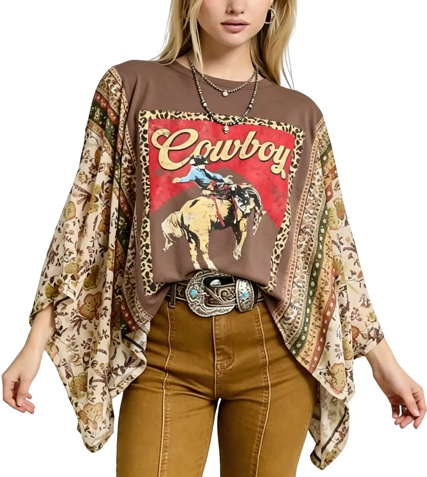 Women's Boho Floral Print T-Shirt, Oversized 3/4 Batwing Sleeve Cowgirl Shirt  for Country Concerts, Country Concert Outfit, Graphic Print, Lady, Lightweight, Streetwear, Western Clothes, Baggy, Top Womenswear