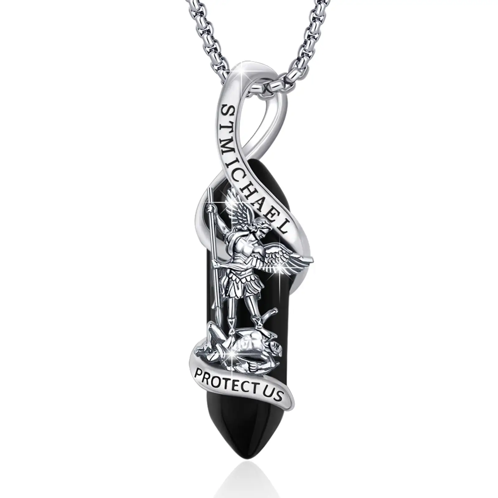 S925 Sterling Silver St Michael Necklace Archangel Michael Pendant Healing Crystal Point Necklace Amulet Protection Catholic Jewelry for Men Women