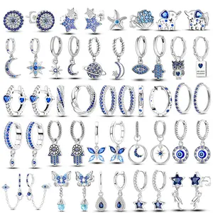Shining Blue Zircon Owl Earrings 925 Silver Evil Eyes Earrings For Women Wedding Engagement Planet Moon Star Zirconia Jewelry