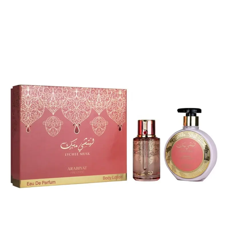 Arabiyat Prestige Lychee Musk Gift Set - Unisex Fruity Floral Scent with Rose & Vanilla, Includes 3.4 oz EDP and Body Lotion