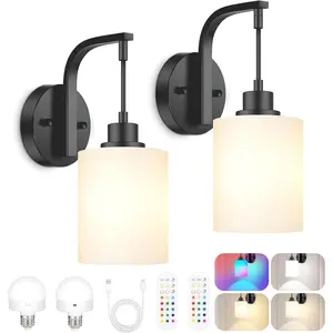 Wireless Rechargeable Wall Sconce Set of Two, 15Colors Battery Operated Wall Lights, 2 Milky Glass Wall Lamps with Remote and Dimmable Bulbs, Indoor Sconces Wall Decor for Bedroom Living Room