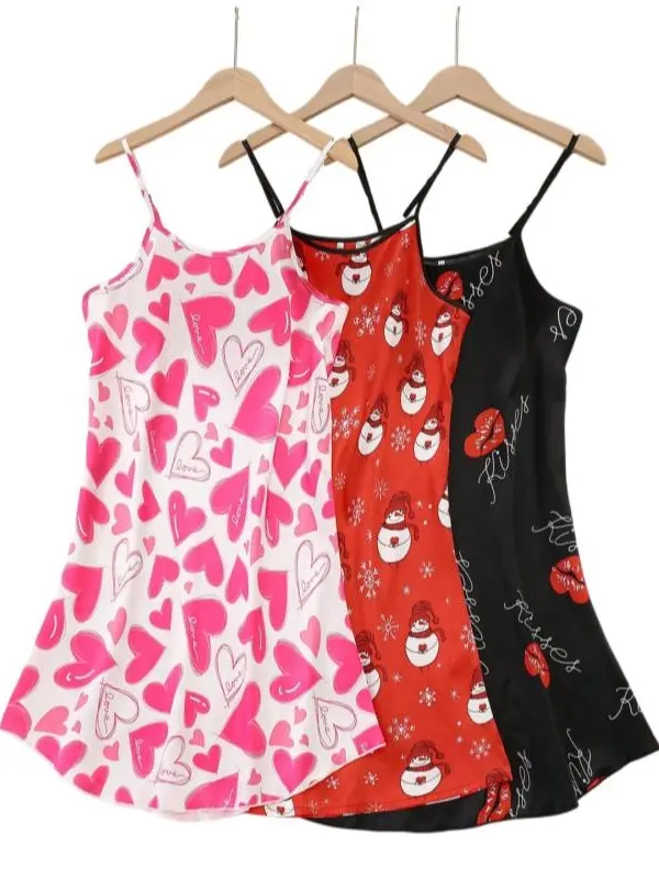 3-Piece Faux Silk Printed Cami Dress Set, Simple Elegant Summer Outfit, Sleeveless Camisole Matching Dress Set