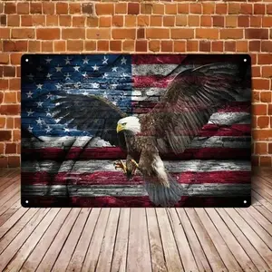 Aluminum Vintage Artistic Wall Art 8x12 Inch Rustic Animal Design Bald Eagle & American Flag Hanging Decor Durable High-Quality American Patriotic Metal Sign