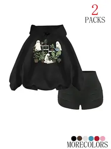 Women's Halloween Knitted Hoodie Set, Casual Fall Winter, Ghost Plant Print Drawstring Sweatshirt + Fitness Shorts, Perfect Holiday Wear