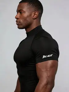 Men's Slim Fit High Neck Workout T-Shirt with "BEAST" Cuff Print, Short Sleeve Compression Training Top, Compression Tops, High Stretch Polyester Blend, Ideal for High-Intensity Workouts, Strength Training, Streetwear, Casual Summer Activewear