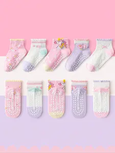 5 Pairs Kids Floor Socks, Unicorn Heart Pattern, Soft Sole Anti-Slip Indoor Shoes, Baby Toddler Walking Socks, Unisex, Soft Comfy Socks