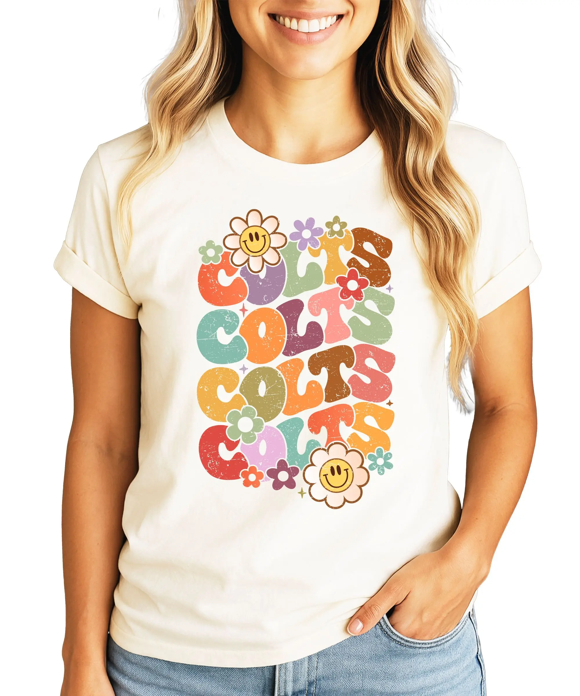 Retro Colts Shirt for Adults - Groovy Distressed Flower Graphic T-Shirt - Team Spirit School Pride Colts Fan Gift