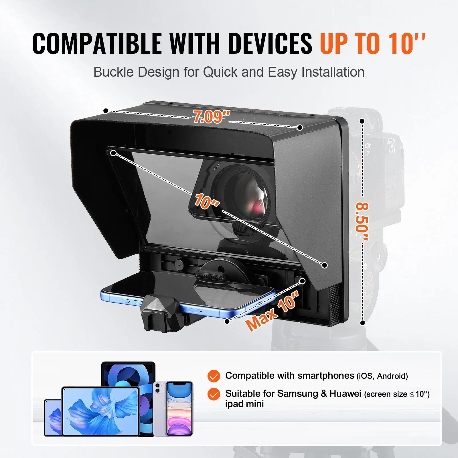 VEVOR 10'' Portable Teleprompter with Remote, 70% Transmittance Glass, Accessories for DSLR, Webcam, Cellphone, Mobile Device Live Streaming, Control Via App Or Bluetooth Remote