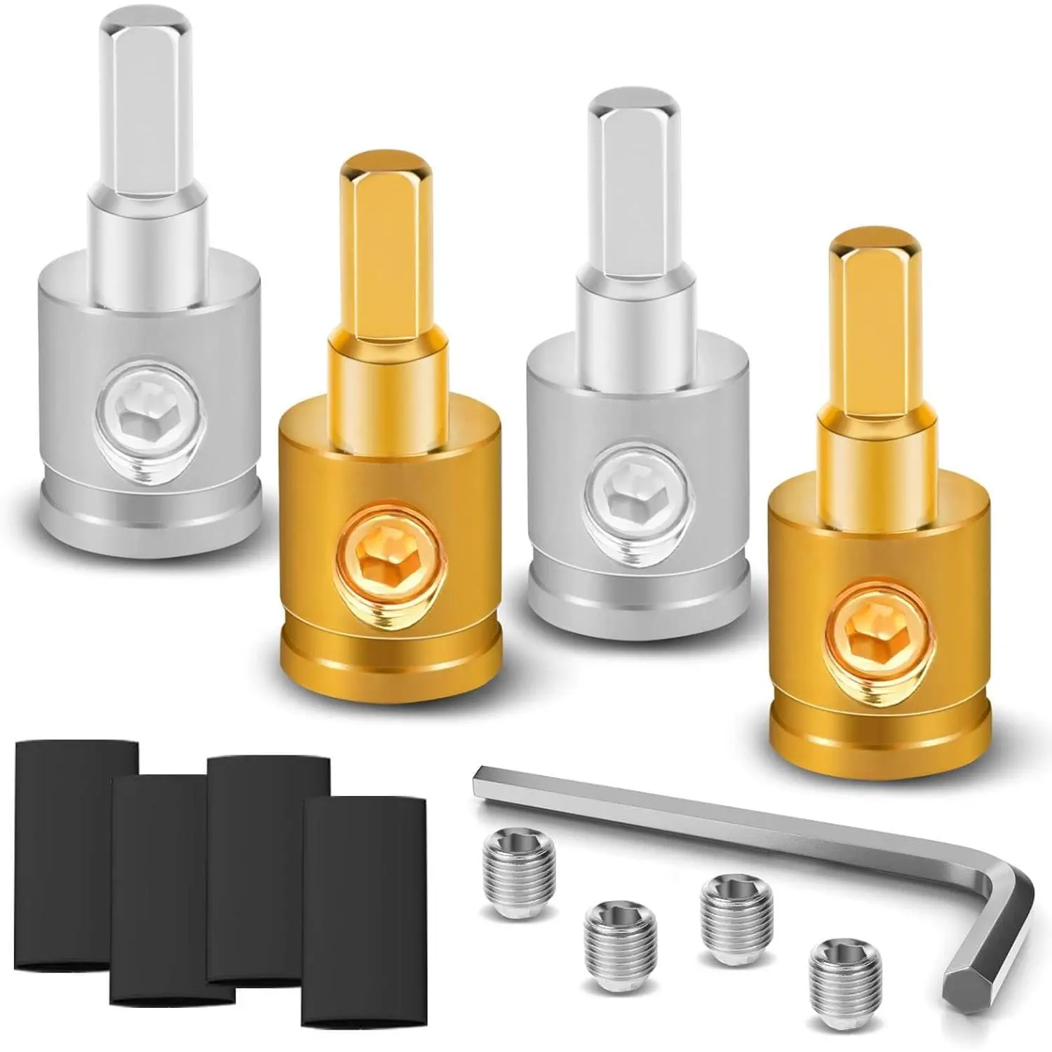 0 Gauge Terminals, 0 Gauge Wire Connector 0 Gauge to 4 Gauge Reducer, 4 PCS Heat Shrink Tubes 4 PCS Connectors 4 PCS Extra Srews,1 PCS Hexagon Tool, Car Audio Battery Amp Wire Connectors