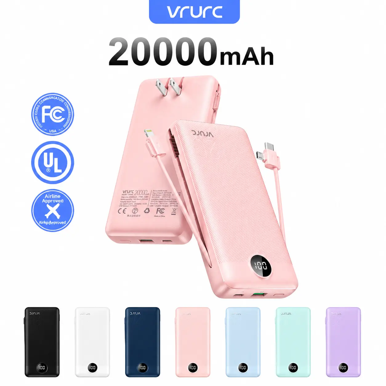 VRURC Compact 20000mAh Chargeable Foldable Power Bank - 22.5W Fast Charging, 4 Outputs (USB-A Included), 2 Inputs, Foldable AC Wall Plug, LED Display, Mobile Accessory for Smartphones, Tablets (Pink, Micro USB/Type-C), Devices, On The Road, Edc Gear