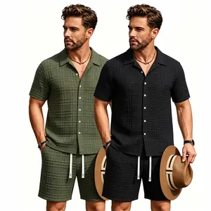 Men Summer Casual Two Piece Outfit Short Sleeve Button Down Lapel Shirt And Drawstring Waist Shorts Embossed Plaid Texture Matching Tracksuit Set