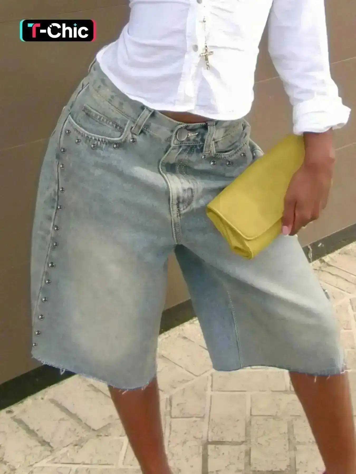 2026 Vintage Washed Studded Wide-Leg Denim Jorts Matching Set, Raw Hem High-Waisted Bermuda Shorts, Perfect for Brunch Dates & City Chic, Go To Style, Trendy Outfits, Y2K Style, Weekend Wear